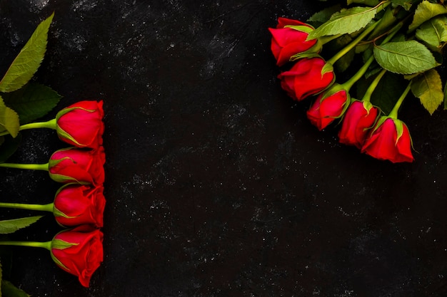 Red roses dark background top view