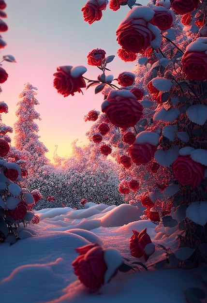 Red roses draped with frost snow Valentine39s day background Created with Generative AI technology