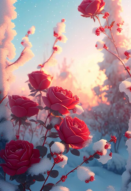 Red roses draped with frost snow Valentine39s day background Created with Generative AI technology