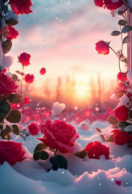 Red roses draped with frost snow Valentine39s day background Created with Generative AI technology