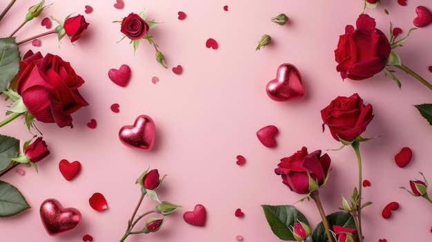 Red roses flowers and hearts scattered in a pink background