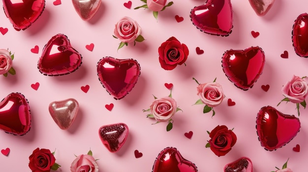 Red roses flowers and hearts scattered in a pink background