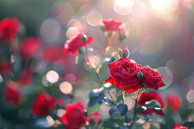 Red roses in garden create beautiful natural background