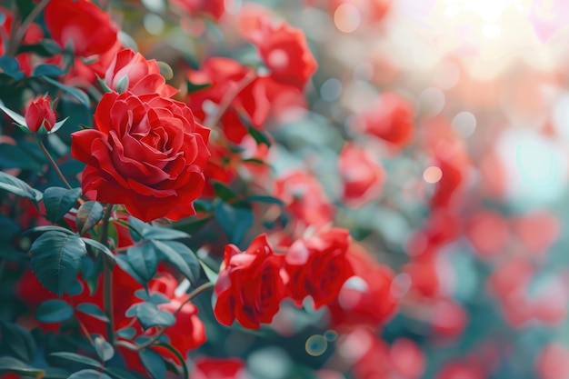 Red roses in garden create beautiful natural background