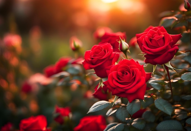 red roses in a garden at sunset