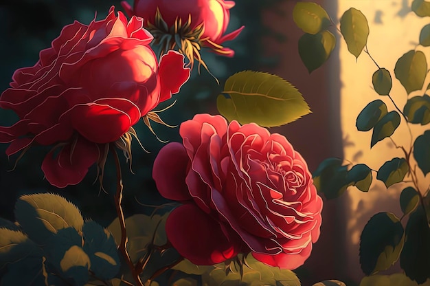 Red roses in garden with cinematic light