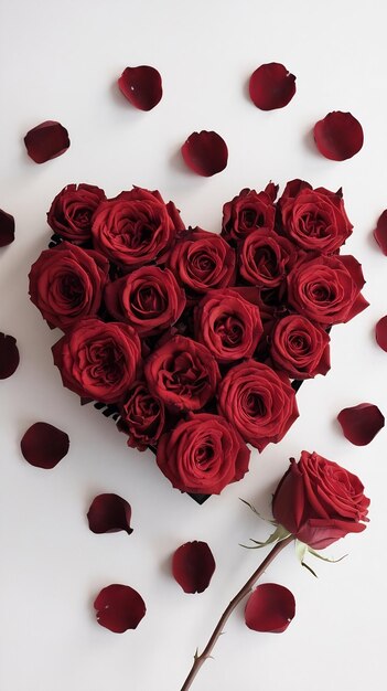 Red roses and rose petals on white background