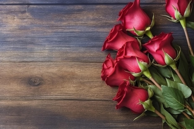 Red roses over the USA flag top view flat lay with copy space Generative AI