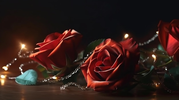 Red roses with garland on black backgroundgenerative ai