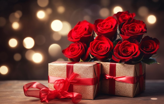 Red Roses with Gift Box are Stacked Together