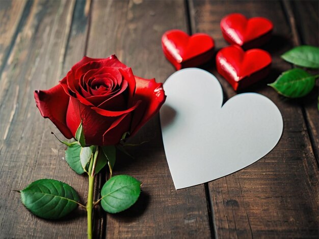 Red roses with paper hearts on table