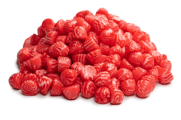 Red round tasty gummy candies islolated on a white background