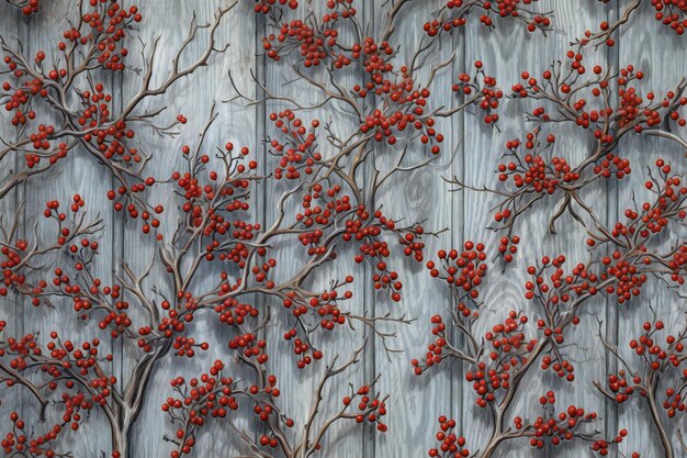 Red rowan berries on a gray wooden wall Seamless pattern