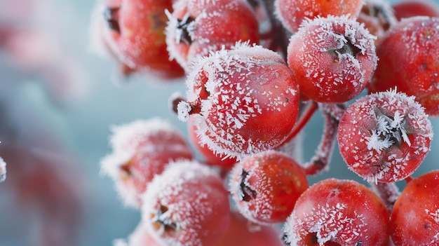 Red rowan fruit covered with hoarfrost Close up