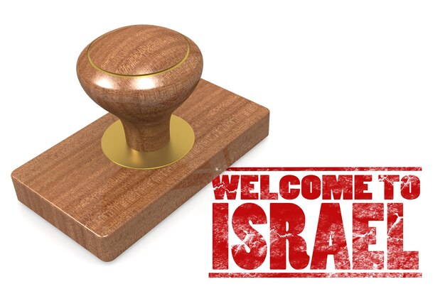 Red rubber stamp with welcome to Israel