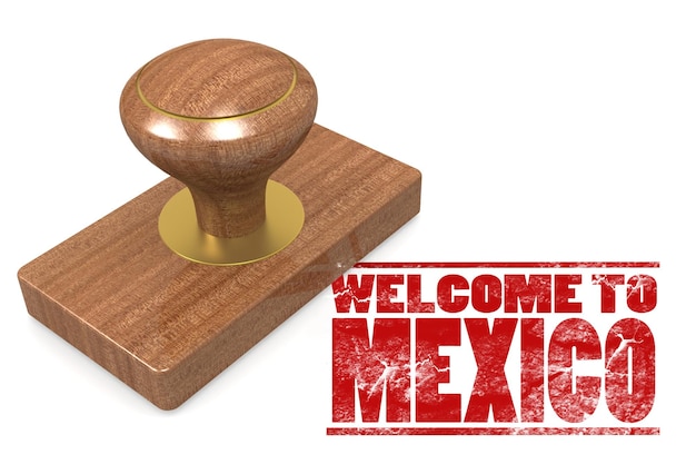 Red rubber stamp with welcome to Mexico