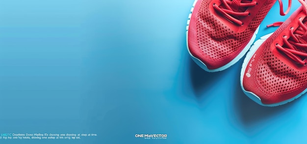 Photo red running shoes on a blue background with the text quotonewebquot and the phrase quotone step at a timequot stock photo copy space for design