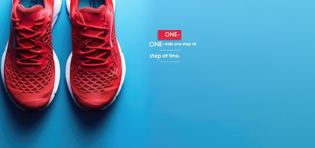 Photo red running shoes on a blue background with the text quotonewebquot and the phrase quotone step at a timequot stock photo copy space for design