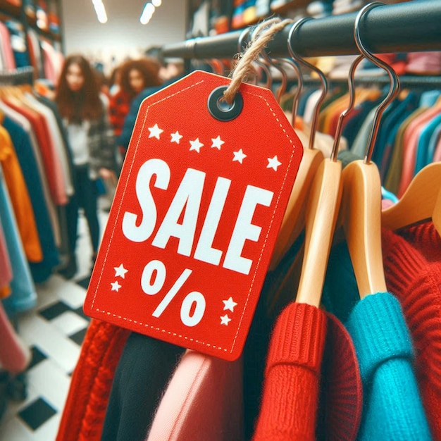 a red sale sign hangs in a clothing store