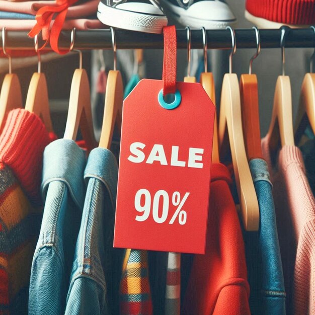 a red sale sign hangs on a rack with a number of shoes