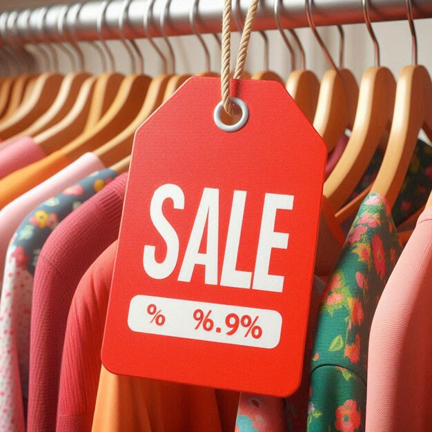 a red sale sign hangs on a rack with a red tag that says sale