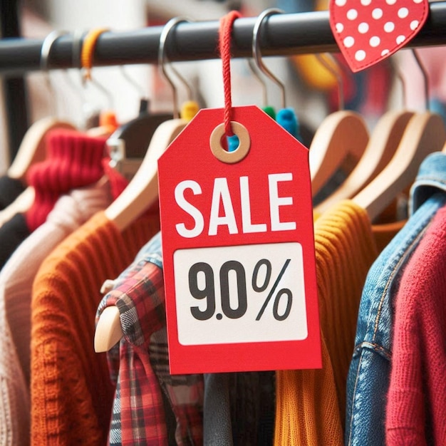 a red sale sign hangs on a rack with a red tag that says