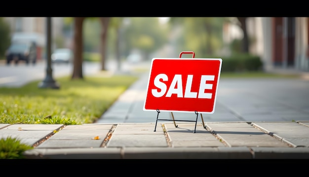 A red sale sign sitting on top of a sidewalk isolated with white highlights