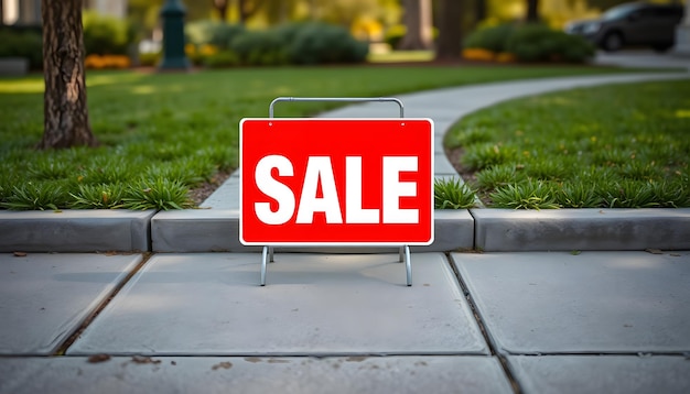 A red sale sign sitting on top of a sidewalk isolated with white highlights