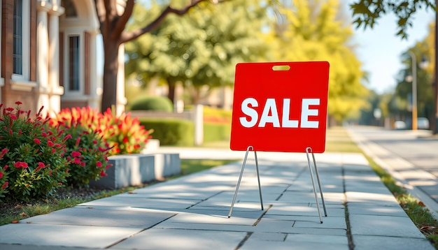 A red sale sign sitting on top of a sidewalk isolated with white highlights