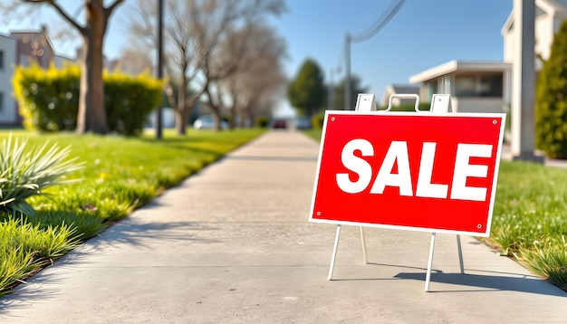 A red sale sign sitting on top of a sidewalk isolated with white highlights