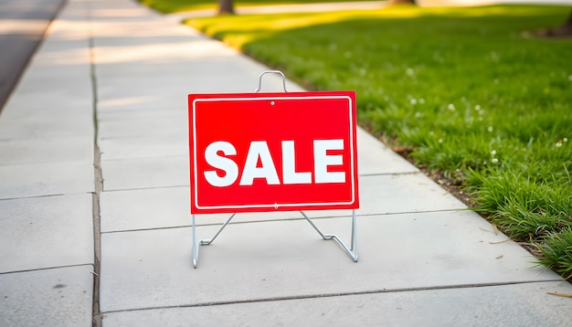 A red sale sign sitting on top of a sidewalk isolated with white highlights