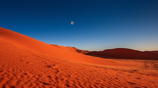 Red sand dunes in the desert under a blue sky with moon Scenic landscape of Wadi Rum Jordan at sunset