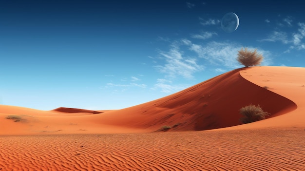 Red sand dunes in the desert with blue sky white clouds and a crescent moon Concepts arid climate environment nature landscape travel heat dry sand dune