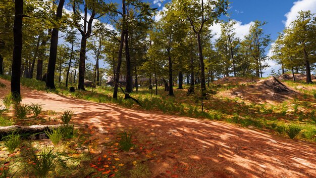 On a red sand path that runs through a virtual forest 3d render