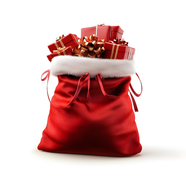 Photo red santa gift sack filled with presents isolated on a white background