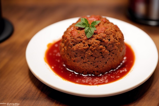 A red sauce on a plate with a tomato and a leaf of basil on top.