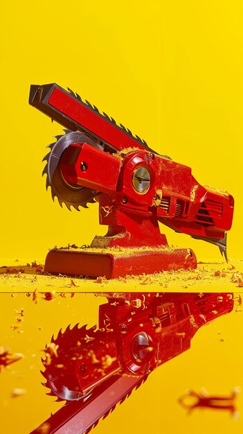 Photo red saw yellow backdrop precise detailing ultraclean layout