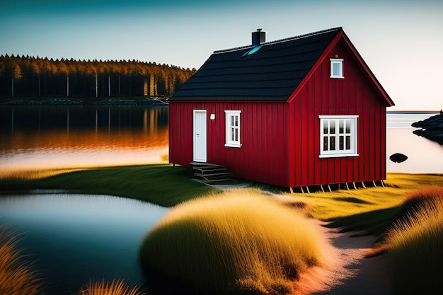 A red scandinavian house in a lake with a blue sky in the background