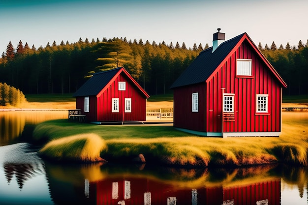 A red scandinavian house on a lake with a tree in the background