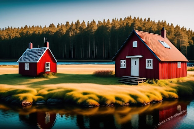 A red scandinavian house in the middle of a lake