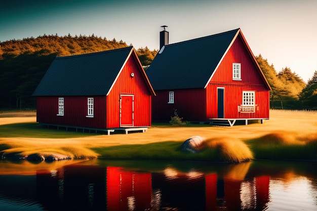 A red scandinavian house with a black roof and a white roof