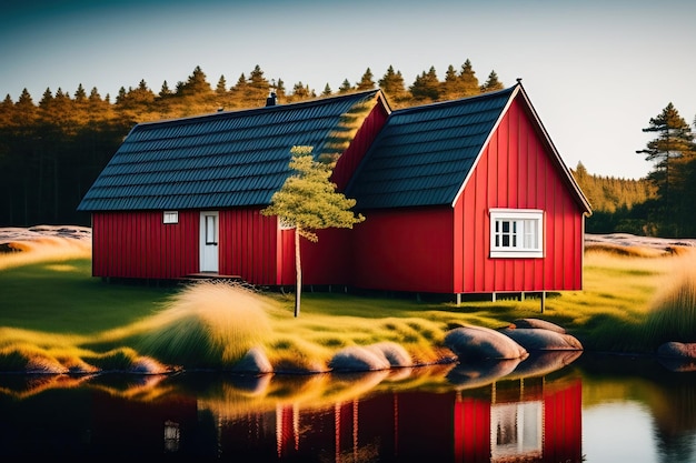 A red scandinavian house with a black roof and a white roof