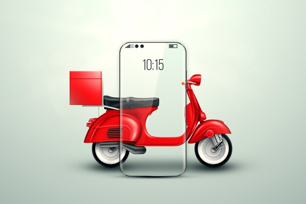 Red scooter drives out of the smartphone on a light background. Delivery concept, online ordering, food delivery, last mile. 3D illustration, 3D render.