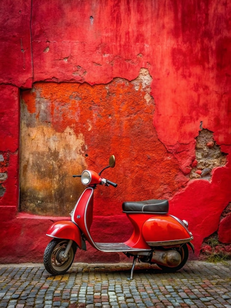 Photo a red scooter is parked on a street in front of a red wall