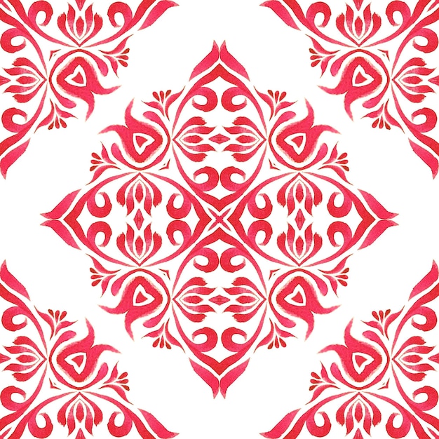 Red seamless ornamental watercolor arabesque paint tile pattern for fabric