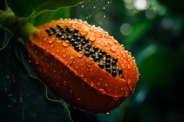 A red seed pod with water droplets on it