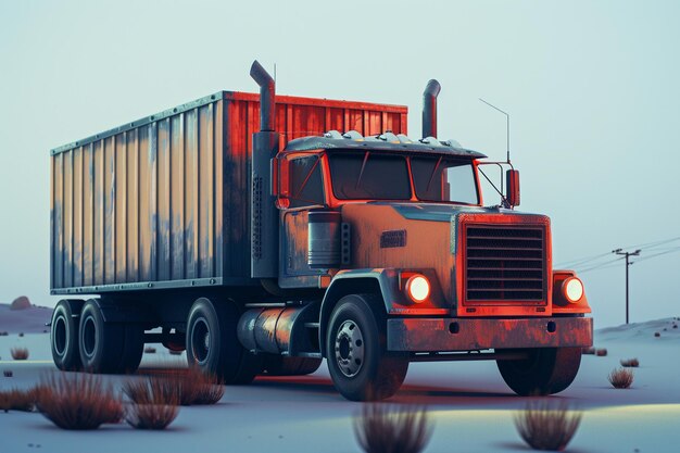 Photo a red semi truck with the lights on it is traveling down a snowy road ai photo