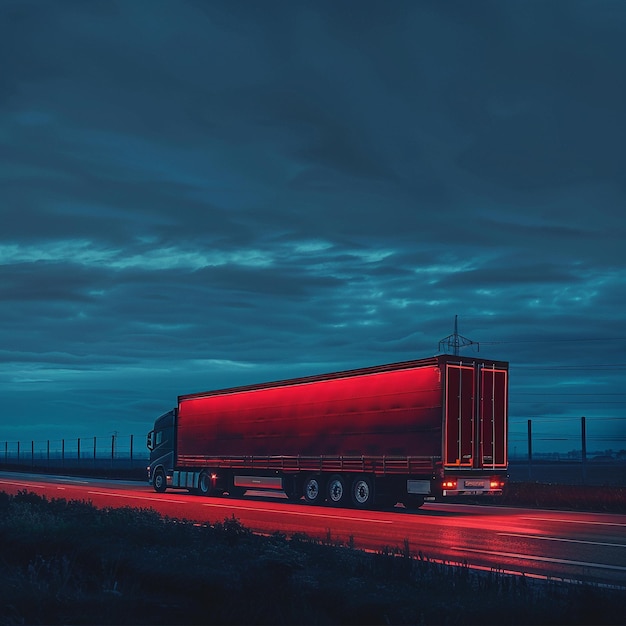 Photo a red semi truck with a red light on the back is driving down the road