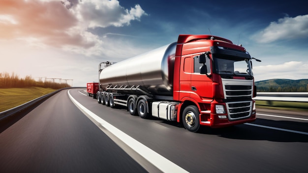 a red semi truck with a silver tank on the side