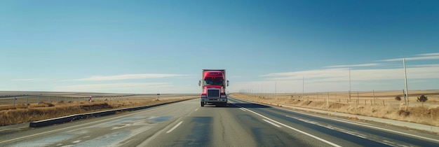 A red semitruck drives down a long straight highway with a clear blue sky overhead Generative AI